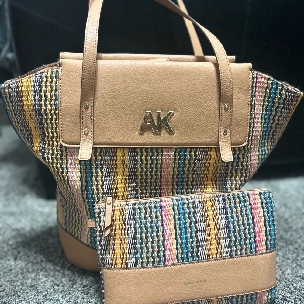 Anne Klein Tan and Multicolor Striped Tote with clutch